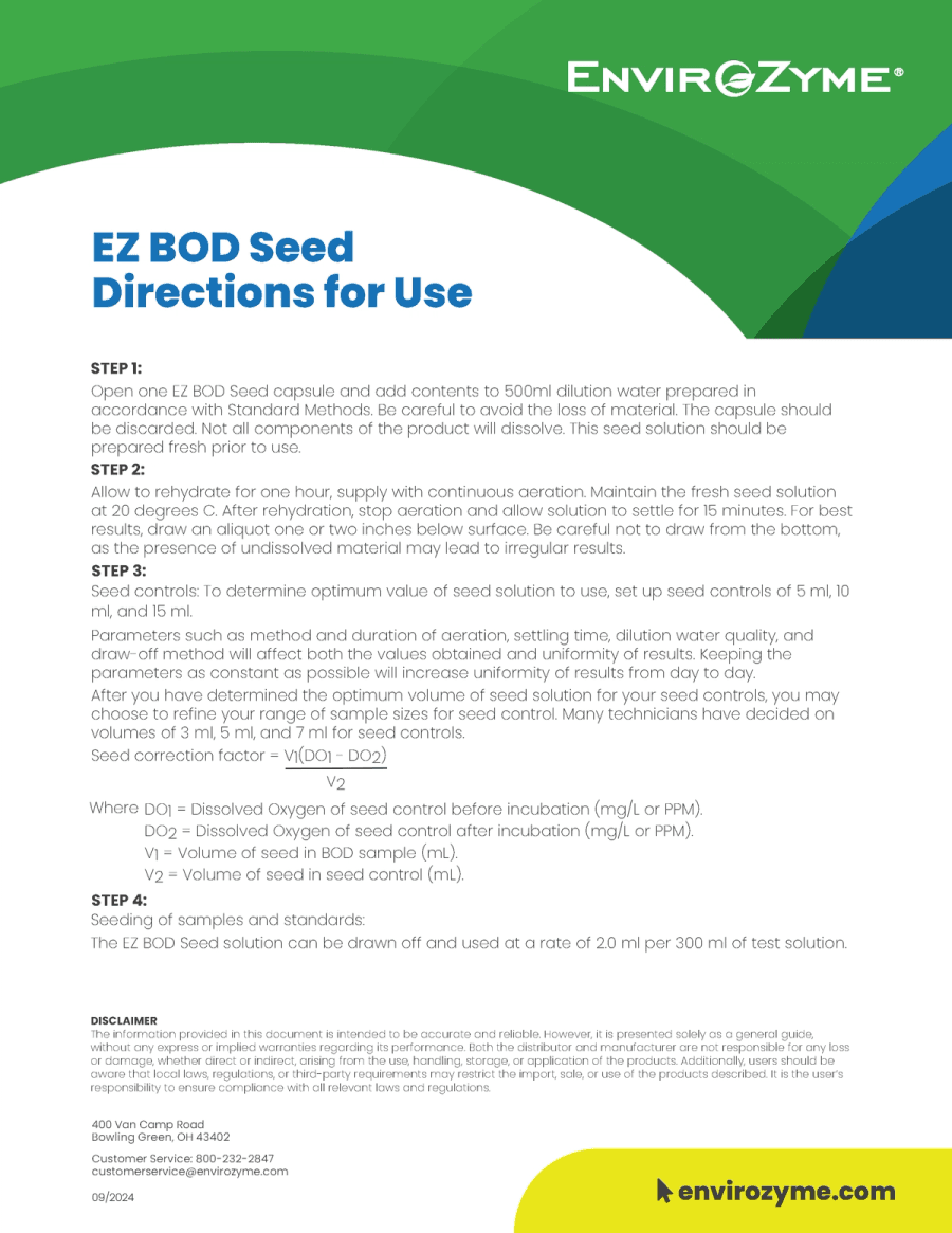 EZ BOD Seed Directions for Use